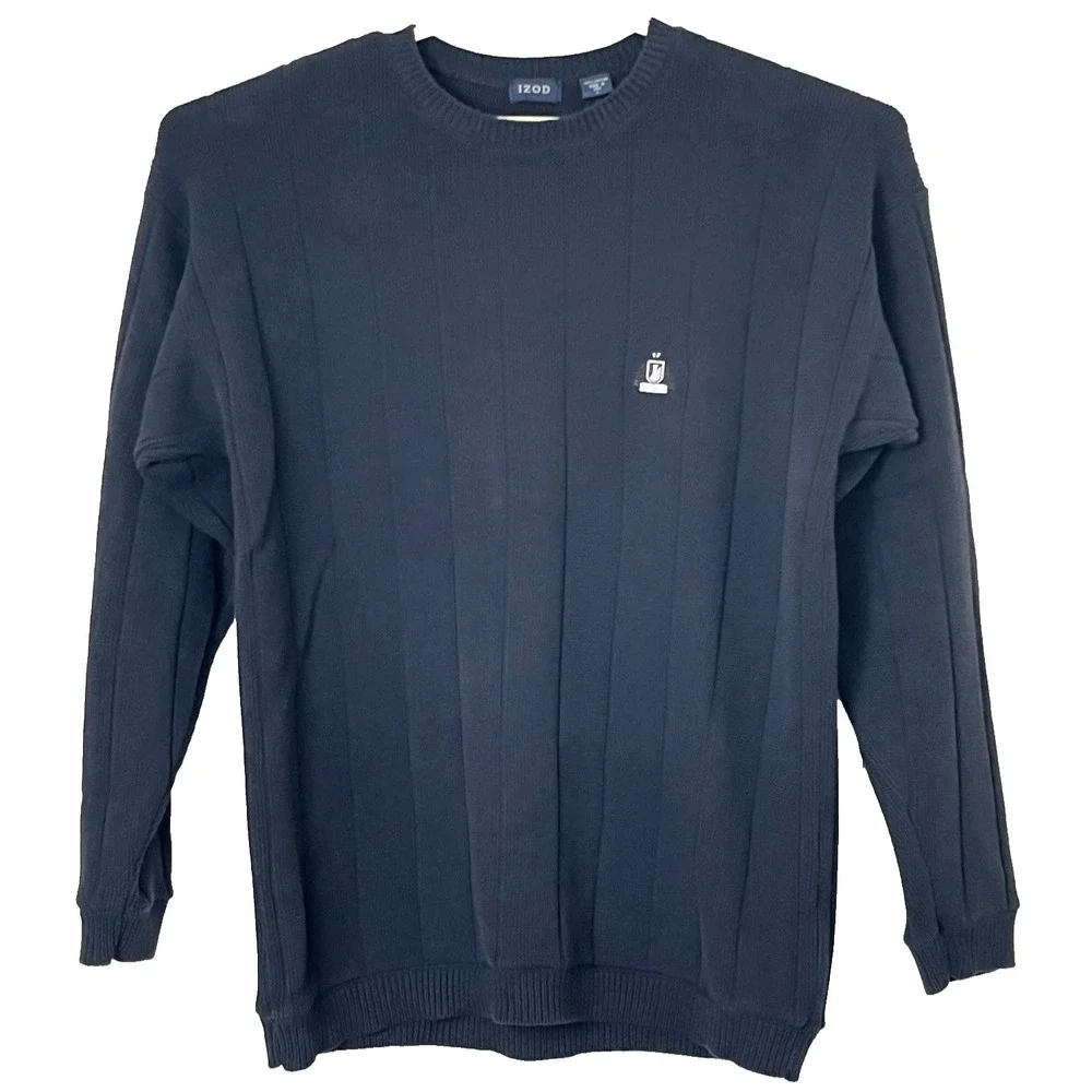 Vintage Izod Men's Knit Sweater L Blue Wide Rib Crew Neck Crest Logo Made in USA